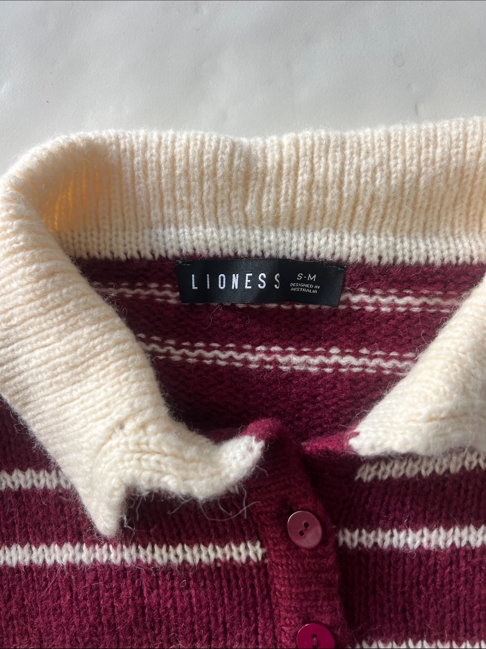 LIONNESS Rising Sun Stripe Jersey Knit Oversized Chunky Polo Sweater Crimson S/M - Picture 6 of 7
